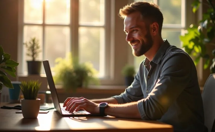 Ein sonnendurchfluteter Arbeitsplatz mit einem lächelnden Entwickler, der konzentriert vor einem modernen Laptop sitzt, während warme Tageslichtstrahlen sanft die Tastatur und Notizen beleuchten und so die produktive Atmosphäre des effizienten Code-Scannens mit ripgrep einfangen.