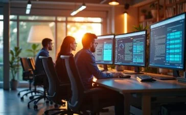 In einem hell erleuchteten, modernen Büro mit warmen Holzakzenten sitzt ein konzentriertes IT-Sicherheitsteam gemeinsam vor großen, übersichtlichen Monitoren, die kompaktes, klares Datenmaterial anzeigen, während durch große Fenster sanftes Tageslicht und eine freundliche Atmosphäre den Raum durchfluten und so das Gleichgewicht zwischen technischer Präzision und menschlicher Zusammenarbeit symbolisieren.