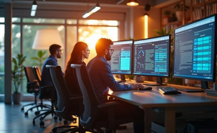 In einem hell erleuchteten, modernen Büro mit warmen Holzakzenten sitzt ein konzentriertes IT-Sicherheitsteam gemeinsam vor großen, übersichtlichen Monitoren, die kompaktes, klares Datenmaterial anzeigen, während durch große Fenster sanftes Tageslicht und eine freundliche Atmosphäre den Raum durchfluten und so das Gleichgewicht zwischen technischer Präzision und menschlicher Zusammenarbeit symbolisieren.