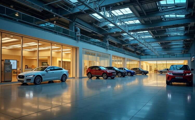 Ein hell erleuchtetes, modernes Industriegebäude von Jaguar Land Rover mit klaren Details, in warmes Sonnenlicht getaucht, während konzentrierte Fachleute in smarter Business-Kleidung an vernetzten Computern arbeiten, die angespannte, aber zuversichtliche Atmosphäre einer digitalen Krisenreaktion vermitteln.