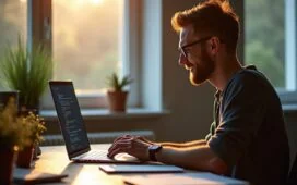 Ein helles, natürlich beleuchtetes Büro mit einem modernen Entwickler am Laptop, der konzentriert, aber zufrieden arbeitet, umgeben von warmem Tageslicht und subtilen technischen Details wie Code auf dem Bildschirm, die spielerisch die Geschwindigkeit und Sicherheit der neuen Rust Coreutils symbolisieren.