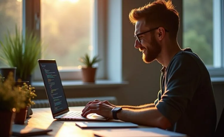 Ein helles, natürlich beleuchtetes Büro mit einem modernen Entwickler am Laptop, der konzentriert, aber zufrieden arbeitet, umgeben von warmem Tageslicht und subtilen technischen Details wie Code auf dem Bildschirm, die spielerisch die Geschwindigkeit und Sicherheit der neuen Rust Coreutils symbolisieren.