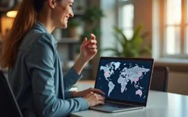 Ein warm beleuchteter, moderner Büroarbeitsplatz mit einem Laptop auf dem Tisch, auf dessen Bildschirm eine interaktive Weltkarte mit farbigen Daten-Clustern zu sehen ist, während eine entspannte Person in smart-casual Kleidung fokusiert und positiv gestimmt auf die Analyse schaut, umgeben von natürlichem Tageslicht und minimalistischer Technik-Atmosphäre.