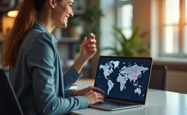 Ein warm beleuchteter, moderner Büroarbeitsplatz mit einem Laptop auf dem Tisch, auf dessen Bildschirm eine interaktive Weltkarte mit farbigen Daten-Clustern zu sehen ist, während eine entspannte Person in smart-casual Kleidung fokusiert und positiv gestimmt auf die Analyse schaut, umgeben von natürlichem Tageslicht und minimalistischer Technik-Atmosphäre.