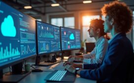 Ein strahlend beleuchtetes, modernes Büro mit einem konzentrierten Team aus IT-Experten und Sicherheitsanalysten, die vor mehreren Bildschirmen mit Cloud-Diagrammen und Datenvisualisierungen arbeiten, dabei eine Atmosphäre von Zuversicht und Zusammenarbeit ausstrahlend, eingefangen in warmem, natürlichem Licht und einem klaren, realistischen Editorial-Stil.