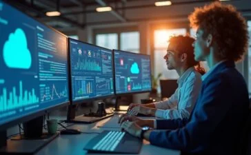 Ein strahlend beleuchtetes, modernes Büro mit einem konzentrierten Team aus IT-Experten und Sicherheitsanalysten, die vor mehreren Bildschirmen mit Cloud-Diagrammen und Datenvisualisierungen arbeiten, dabei eine Atmosphäre von Zuversicht und Zusammenarbeit ausstrahlend, eingefangen in warmem, natürlichem Licht und einem klaren, realistischen Editorial-Stil.