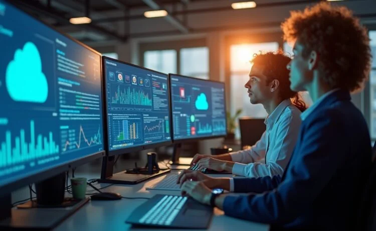 Ein strahlend beleuchtetes, modernes Büro mit einem konzentrierten Team aus IT-Experten und Sicherheitsanalysten, die vor mehreren Bildschirmen mit Cloud-Diagrammen und Datenvisualisierungen arbeiten, dabei eine Atmosphäre von Zuversicht und Zusammenarbeit ausstrahlend, eingefangen in warmem, natürlichem Licht und einem klaren, realistischen Editorial-Stil.