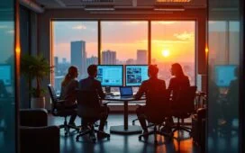 In einem warm erleuchteten, modernen Büro strahlen Mitarbeiter europäischer Herkunft bei der gemeinsamen Arbeit an transparenten Bildschirmen, während durch große Fenster sanftes Tageslicht auf technologische Geräte und digitale Karten fällt, die symbolisch für sichere Cloud-Infrastrukturen und digitale Souveränität in Europa stehen.