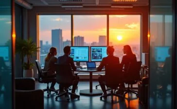 In einem warm erleuchteten, modernen Büro strahlen Mitarbeiter europäischer Herkunft bei der gemeinsamen Arbeit an transparenten Bildschirmen, während durch große Fenster sanftes Tageslicht auf technologische Geräte und digitale Karten fällt, die symbolisch für sichere Cloud-Infrastrukturen und digitale Souveränität in Europa stehen.