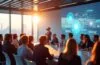 Ein strahlend heller, moderner Konferenzraum mit sorgfältig gekleideten Fachleuten unterschiedlichster Herkunft, die bei natürlichem Sonnenlicht lebhaft über futuristische XR-Technologie diskutieren, während feine Details wie ein Magic Leap-Headset und digitale 3D-Visualisierungen auf einem transparenten Bildschirm für eine warme, inspirierende Stimmung sorgen.