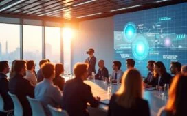 Ein strahlend heller, moderner Konferenzraum mit sorgfältig gekleideten Fachleuten unterschiedlichster Herkunft, die bei natürlichem Sonnenlicht lebhaft über futuristische XR-Technologie diskutieren, während feine Details wie ein Magic Leap-Headset und digitale 3D-Visualisierungen auf einem transparenten Bildschirm für eine warme, inspirierende Stimmung sorgen.