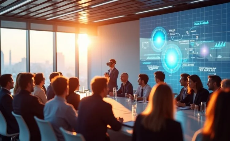 Ein strahlend heller, moderner Konferenzraum mit sorgfältig gekleideten Fachleuten unterschiedlichster Herkunft, die bei natürlichem Sonnenlicht lebhaft über futuristische XR-Technologie diskutieren, während feine Details wie ein Magic Leap-Headset und digitale 3D-Visualisierungen auf einem transparenten Bildschirm für eine warme, inspirierende Stimmung sorgen.