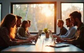 Ein strahlend helles, natürlich beleuchtetes Büro mit einem konzentrierten Entwicklerteam, das an Laptops gemeinsam an sicheren npm-Projekten arbeitet, umgeben von moderner Technik und warmem Tageslicht, das eine Atmosphäre von Vertrauen, Zusammenarbeit und digitaler Verantwortung schafft.