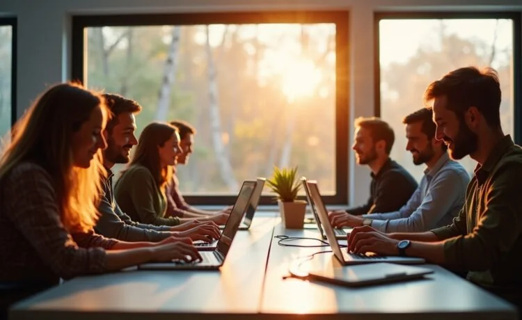 Ein strahlend helles, natürlich beleuchtetes Büro mit einem konzentrierten Entwicklerteam, das an Laptops gemeinsam an sicheren npm-Projekten arbeitet, umgeben von moderner Technik und warmem Tageslicht, das eine Atmosphäre von Vertrauen, Zusammenarbeit und digitaler Verantwortung schafft.