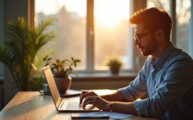 Ein moderner, hell erleuchteter Arbeitsplatz mit einem entspannten Menschen, der konzentriert vor einem Laptop sitzt, während sanftes Tageslicht durch große Fenster fällt und symbolisch die Verschmelzung von Technologie und menschlicher Kreativität im Zeitalter der KI-gestützten Suchmaschinenoptimierung einfängt.