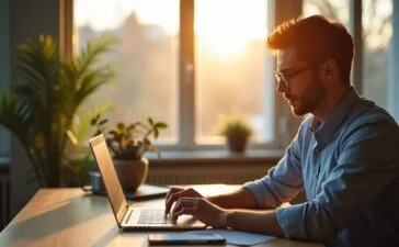 Ein moderner, hell erleuchteter Arbeitsplatz mit einem entspannten Menschen, der konzentriert vor einem Laptop sitzt, während sanftes Tageslicht durch große Fenster fällt und symbolisch die Verschmelzung von Technologie und menschlicher Kreativität im Zeitalter der KI-gestützten Suchmaschinenoptimierung einfängt.