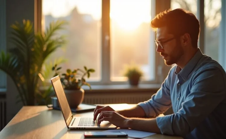 Ein moderner, hell erleuchteter Arbeitsplatz mit einem entspannten Menschen, der konzentriert vor einem Laptop sitzt, während sanftes Tageslicht durch große Fenster fällt und symbolisch die Verschmelzung von Technologie und menschlicher Kreativität im Zeitalter der KI-gestützten Suchmaschinenoptimierung einfängt.
