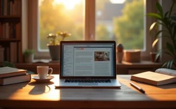 Ein warmes, natürlich beleuchtetes Redaktionstudio mit einem modernen MacBook auf einem hellen Holztisch, umgeben von Notizbüchern und einem dampfenden Kaffee, das Symbol für technologische Innovation und den Aufbruch in eine neue Ära der Browserentwicklung auf ARM-basierten Macs.