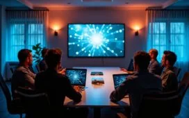 Ein heller, warm beleuchteter Konferenzraum mit einem fokussierten IT-Team, das engagiert an vernetzten Bildschirmen und moderner Serverhardware arbeitet, um digitale Souveränität und sichere IT-Infrastruktur in einem zukunftsorientierten, europäischen Unternehmensumfeld umzusetzen.