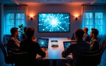 Ein heller, warm beleuchteter Konferenzraum mit einem fokussierten IT-Team, das engagiert an vernetzten Bildschirmen und moderner Serverhardware arbeitet, um digitale Souveränität und sichere IT-Infrastruktur in einem zukunftsorientierten, europäischen Unternehmensumfeld umzusetzen.