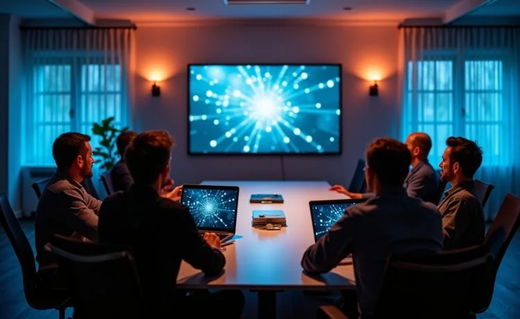 Ein heller, warm beleuchteter Konferenzraum mit einem fokussierten IT-Team, das engagiert an vernetzten Bildschirmen und moderner Serverhardware arbeitet, um digitale Souveränität und sichere IT-Infrastruktur in einem zukunftsorientierten, europäischen Unternehmensumfeld umzusetzen.