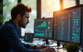 Ein heller, in warmes Tageslicht getauchter IT-Administrator mit konzentriertem, zugleich zuversichtlichem Blick vor mehreren modernen Monitoren, die komplexe Serverdaten und Sicherheitsanalysen zeigen, in einem aufgeräumten, einladenden Büro voller technischer Details und natürlicher Materialien.