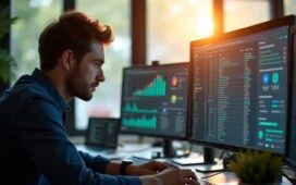 Ein heller, in warmes Tageslicht getauchter IT-Administrator mit konzentriertem, zugleich zuversichtlichem Blick vor mehreren modernen Monitoren, die komplexe Serverdaten und Sicherheitsanalysen zeigen, in einem aufgeräumten, einladenden Büro voller technischer Details und natürlicher Materialien.