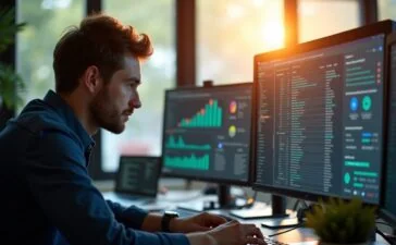Ein heller, in warmes Tageslicht getauchter IT-Administrator mit konzentriertem, zugleich zuversichtlichem Blick vor mehreren modernen Monitoren, die komplexe Serverdaten und Sicherheitsanalysen zeigen, in einem aufgeräumten, einladenden Büro voller technischer Details und natürlicher Materialien.