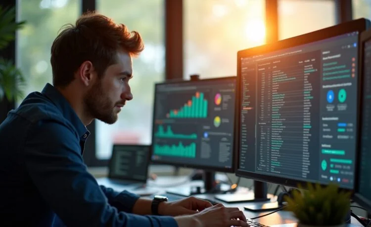 Ein heller, in warmes Tageslicht getauchter IT-Administrator mit konzentriertem, zugleich zuversichtlichem Blick vor mehreren modernen Monitoren, die komplexe Serverdaten und Sicherheitsanalysen zeigen, in einem aufgeräumten, einladenden Büro voller technischer Details und natürlicher Materialien.