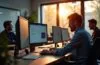 Ein hell erleuchtetes, modernes IT-Büro mit konzentrierten Mitarbeitenden vor mehreren Bildschirmen, die sich freundlich austauschend sicherheitsrelevante Atlassian-Daten anschauen, während warmes Tageslicht durch große Fenster fällt und eine Atmosphäre von Vertrauen und aktiver Zusammenarbeit schafft.