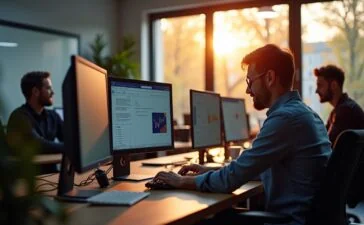 Ein hell erleuchtetes, modernes IT-Büro mit konzentrierten Mitarbeitenden vor mehreren Bildschirmen, die sich freundlich austauschend sicherheitsrelevante Atlassian-Daten anschauen, während warmes Tageslicht durch große Fenster fällt und eine Atmosphäre von Vertrauen und aktiver Zusammenarbeit schafft.