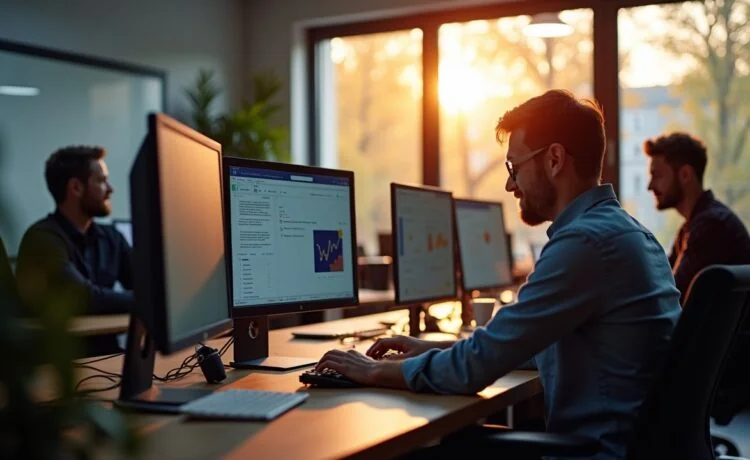 Ein hell erleuchtetes, modernes IT-Büro mit konzentrierten Mitarbeitenden vor mehreren Bildschirmen, die sich freundlich austauschend sicherheitsrelevante Atlassian-Daten anschauen, während warmes Tageslicht durch große Fenster fällt und eine Atmosphäre von Vertrauen und aktiver Zusammenarbeit schafft.