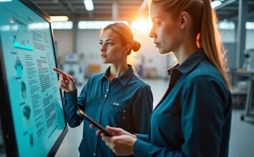 Eine strahlend helle, editorial inszenierte Aufnahme in einem modernen Industrie- oder F&E-Umfeld, die engagierte Ingenieur:innen zeigt, wie sie bei natürlichem Tageslicht konzentriert an digitalen Touchscreens und KI-gesteuerten Systemen zusammenarbeiten, dabei Wärme und Fortschritt ausstrahlend, um die ganzheitliche Integration von Künstlicher Intelligenz entlang der Wertschöpfungskette von Siemens lebendig zu vermitteln.