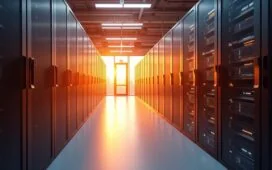 Ein strahlend hell erleuchtetes, modern ausgestattetes Rechenzentrum mit sanftem Sonnenlicht, das durch große Fenster fällt und die glänzenden Serverreihen in warmen, einladenden Farbtönen erstrahlen lässt – ein Symbol für Europas innovative Energieeffizienz und technologische Autonomie im High-Performance-Computing.