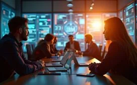 Ein sonnendurchflutetes modernes Büro mit fokussierten IT-Sicherheitsprofis beim intensiven Austausch vor hellen Bildschirmen, die komplexe Daten und Sicherheitssysteme von IBM visualisieren, strahlt Wärme, Vertrauen und hohe Professionalität aus.