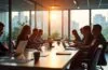 In einem hell erleuchteten modernen Büro sitzen diverse Fachleute entspannt an einem großen Tisch voller Laptops und digitaler Geräte, während Sonnenlicht sanft durch bodentiefe Fenster fällt und eine Atmosphäre von Zuversicht, Zusammenarbeit und zukunftsorientierter technischer Innovation schafft.