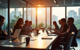 In einem hell erleuchteten modernen Büro sitzen diverse Fachleute entspannt an einem großen Tisch voller Laptops und digitaler Geräte, während Sonnenlicht sanft durch bodentiefe Fenster fällt und eine Atmosphäre von Zuversicht, Zusammenarbeit und zukunftsorientierter technischer Innovation schafft.