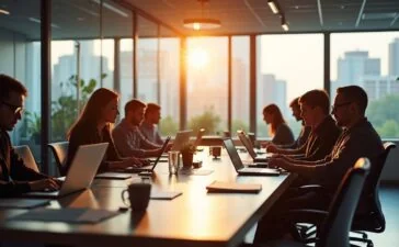 In einem hell erleuchteten modernen Büro sitzen diverse Fachleute entspannt an einem großen Tisch voller Laptops und digitaler Geräte, während Sonnenlicht sanft durch bodentiefe Fenster fällt und eine Atmosphäre von Zuversicht, Zusammenarbeit und zukunftsorientierter technischer Innovation schafft.