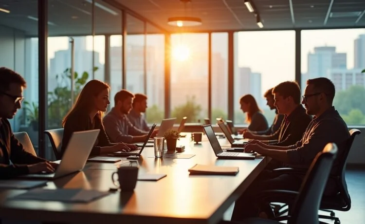 In einem hell erleuchteten modernen Büro sitzen diverse Fachleute entspannt an einem großen Tisch voller Laptops und digitaler Geräte, während Sonnenlicht sanft durch bodentiefe Fenster fällt und eine Atmosphäre von Zuversicht, Zusammenarbeit und zukunftsorientierter technischer Innovation schafft.
