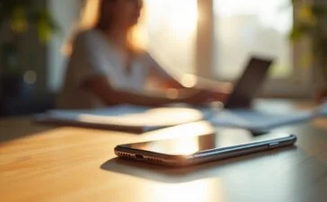 Ein heller, freundlicher Arbeitsplatz mit modernem iPhone 17 auf dem Tisch, weiches Tageslicht betont die klaren Linien des Smartphones, während eine Person entspannt im Hintergrund durch eine digitale Sicherheits-App scrollt und so Vertrauen und Schutz in der mobilen Kommunikation vermittelt.