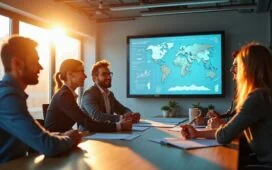 Ein sonnendurchflutetes, modernes Büro mit entspannt lächelnden Investoren, die lebhaft über Technologie und Zukunftsaussichten diskutieren, während im Hintergrund ein großer Bildschirm dezent dynamische Diagramme und Daten zu künstlicher Intelligenz zeigt, die Hoffnung und spannende Chancen inmitten einer lebendigen, freundlichen Atmosphäre symbolisieren.