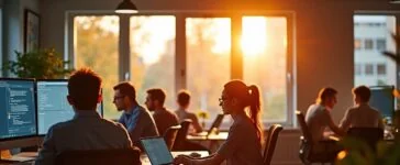 Ein hell erleuchtetes, modernes Arbeitszimmer mit einem entspannten Entwicklerteam, das konzentriert vor großen Bildschirmen sitzt, während warme Sonnenstrahlen durch große Fenster fallen und eine Atmosphäre von Vertrauen, Zusammenarbeit und digitaler Sicherheit schaffen.