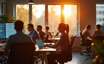 Ein hell erleuchtetes, modernes Arbeitszimmer mit einem entspannten Entwicklerteam, das konzentriert vor großen Bildschirmen sitzt, während warme Sonnenstrahlen durch große Fenster fallen und eine Atmosphäre von Vertrauen, Zusammenarbeit und digitaler Sicherheit schaffen.