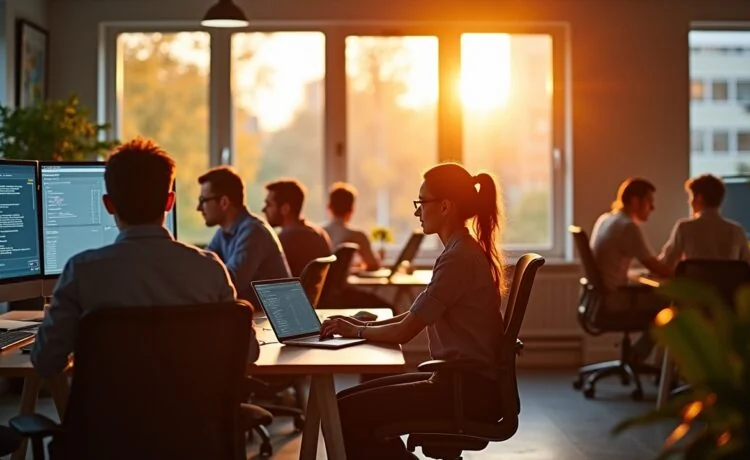 Ein hell erleuchtetes, modernes Arbeitszimmer mit einem entspannten Entwicklerteam, das konzentriert vor großen Bildschirmen sitzt, während warme Sonnenstrahlen durch große Fenster fallen und eine Atmosphäre von Vertrauen, Zusammenarbeit und digitaler Sicherheit schaffen.