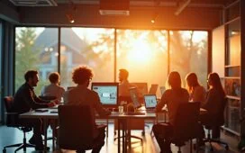 Ein strahlend heller, natürlich beleuchteter Arbeitsraum mit einem inspirierend lächelnden Kreativteam, das vor modernen Bildschirmen voller fließender, cineastischer Videosequenzen sitzt, während warme Sonnenstrahlen sanft durch große Fenster fallen und die aufgeregte Atmosphäre einer wegweisenden KI-gesteuerten Medienrevolution einfangen.