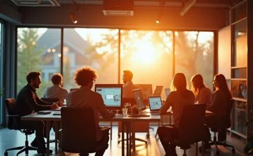 Ein strahlend heller, natürlich beleuchteter Arbeitsraum mit einem inspirierend lächelnden Kreativteam, das vor modernen Bildschirmen voller fließender, cineastischer Videosequenzen sitzt, während warme Sonnenstrahlen sanft durch große Fenster fallen und die aufgeregte Atmosphäre einer wegweisenden KI-gesteuerten Medienrevolution einfangen.