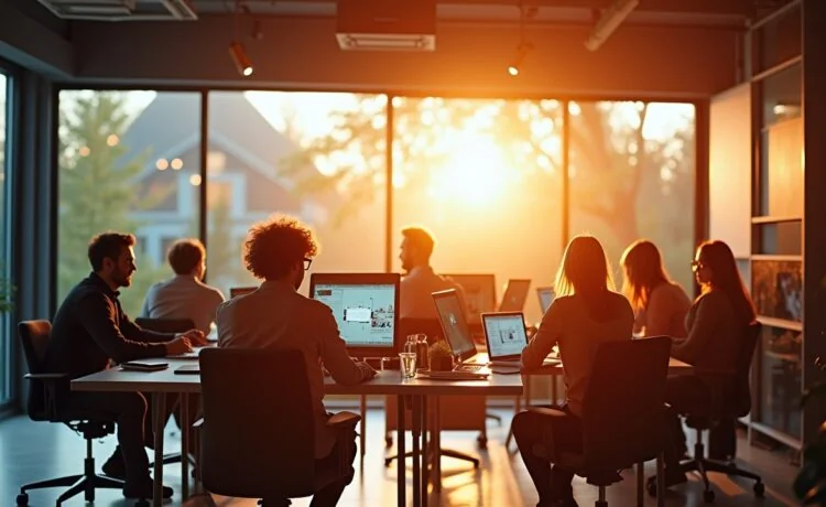 Ein strahlend heller, natürlich beleuchteter Arbeitsraum mit einem inspirierend lächelnden Kreativteam, das vor modernen Bildschirmen voller fließender, cineastischer Videosequenzen sitzt, während warme Sonnenstrahlen sanft durch große Fenster fallen und die aufgeregte Atmosphäre einer wegweisenden KI-gesteuerten Medienrevolution einfangen.