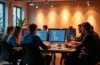 Ein hell erleuchtetes Büro mit einem konzentrierten Entwicklerteam, das gemeinsam vor modernen Bildschirmen an innovativem Code arbeitet, umgeben von warmem Tageslicht und minimalistischer Technik, die den Spirit von 20 Jahren dynamischer Symfony-Entwicklung und lebendiger Community einfängt.