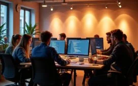 Ein hell erleuchtetes Büro mit einem konzentrierten Entwicklerteam, das gemeinsam vor modernen Bildschirmen an innovativem Code arbeitet, umgeben von warmem Tageslicht und minimalistischer Technik, die den Spirit von 20 Jahren dynamischer Symfony-Entwicklung und lebendiger Community einfängt.