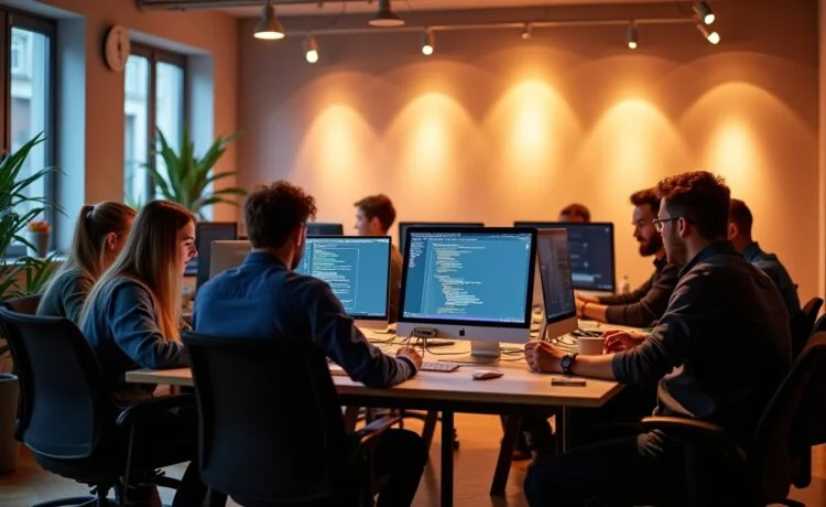 Ein hell erleuchtetes Büro mit einem konzentrierten Entwicklerteam, das gemeinsam vor modernen Bildschirmen an innovativem Code arbeitet, umgeben von warmem Tageslicht und minimalistischer Technik, die den Spirit von 20 Jahren dynamischer Symfony-Entwicklung und lebendiger Community einfängt.